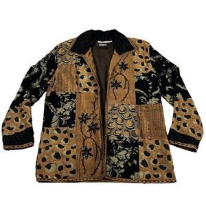 Funky Vintage Retro Brown Patchwork Collared Embroidered Sweater M YakMagic